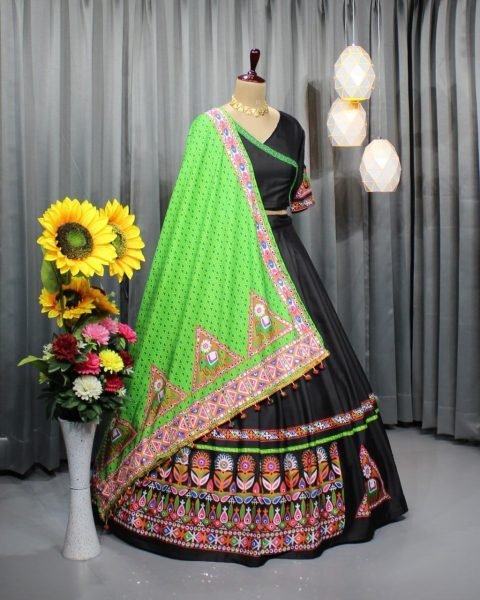 Black Color Butter Silk Mirror Work Lehenga Choli Navratri Lehnega Choli