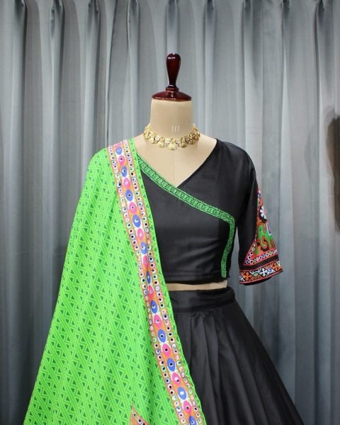 Black Color Butter Silk Mirror Work Lehenga Choli Navratri Lehnega Choli