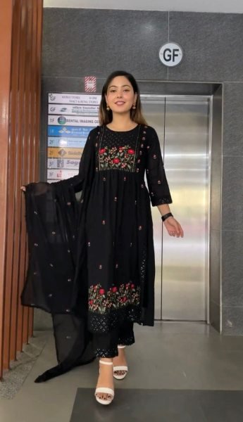 Black Color Faux Georgette Embroidery Kurti Set  3 Piece Kurti Set