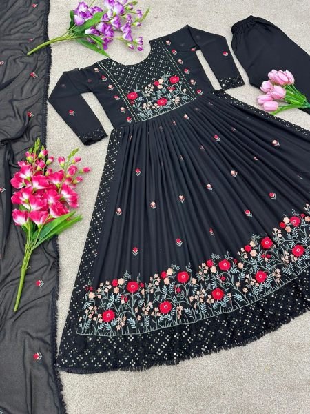 Black Color Faux Georgette Embroidery Kurti Set  3 Piece Kurti Set