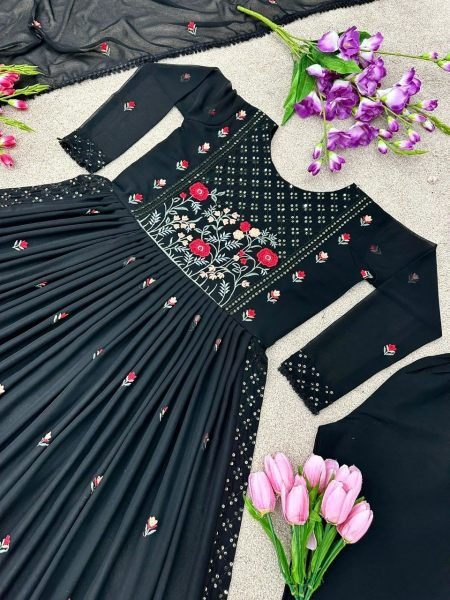 Black Color Faux Georgette Embroidery Kurti Set  3 Piece Kurti Set