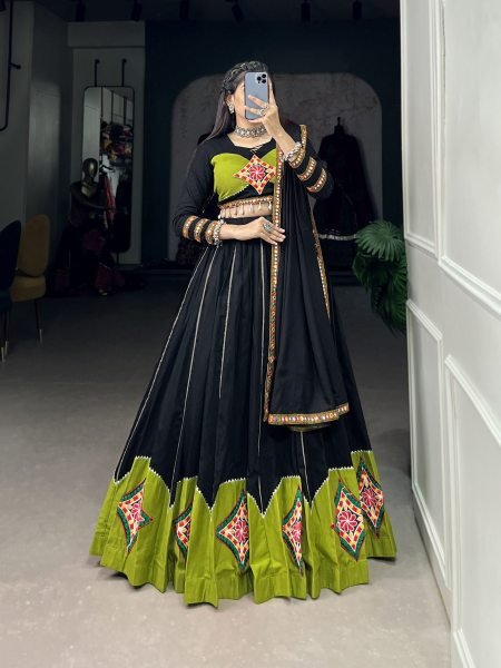 Black Color Gamthi Patch Work And Gota Patti Cotton Navratri Lehenga Choli  Navratri Lehnega Choli