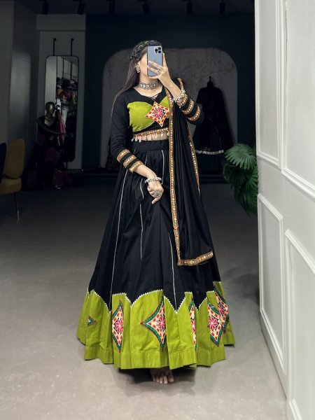 Black Color Gamthi Patch Work And Gota Patti Cotton Navratri Lehenga Choli  Navratri Lehnega Choli