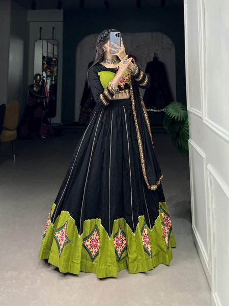 Black Color Gamthi Patch Work And Gota Patti Cotton Navratri Lehenga Choli  Navratri Lehnega Choli