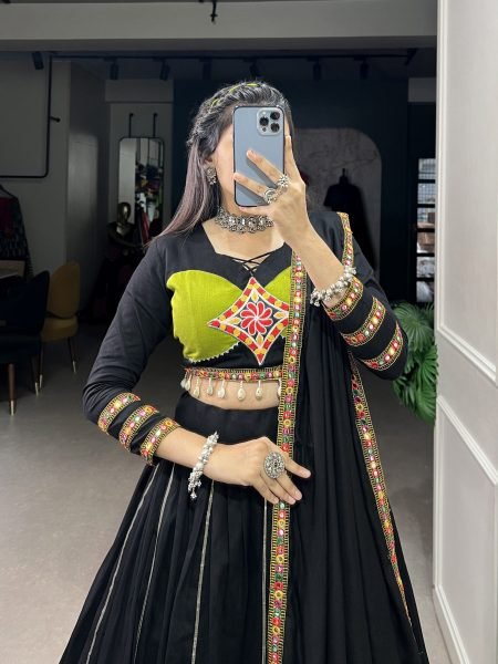 Black Color Gamthi Patch Work And Gota Patti Cotton Navratri Lehenga Choli  Navratri Lehnega Choli