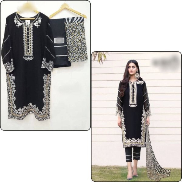 Black Color Heavy Fox Georgette Kurti Pant Set With Embroidery Work  Ready To Wear Collection