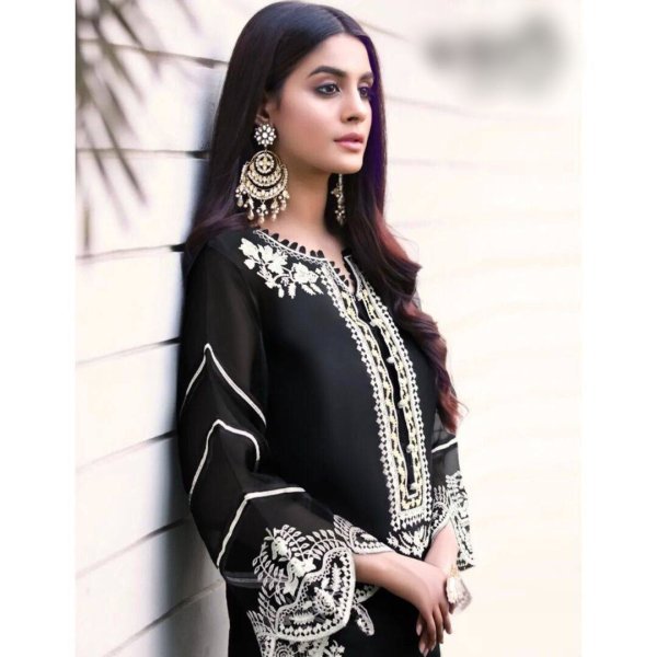 Black Color Heavy Fox Georgette Kurti Pant Set With Embroidery Work  Ready To Wear Collection