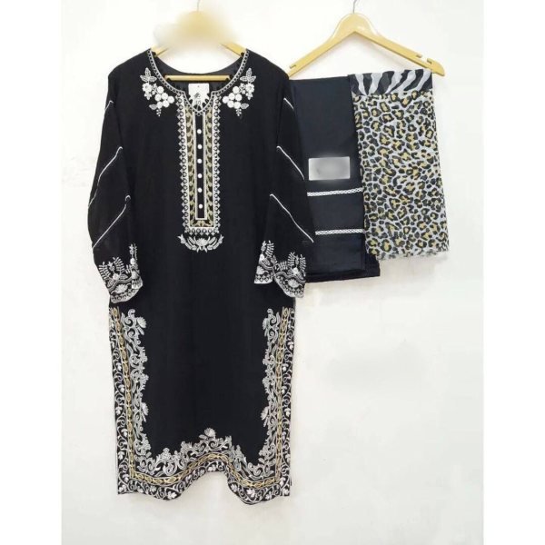 Black Color Heavy Fox Georgette Kurti Pant Set With Embroidery Work  Ready To Wear Collection