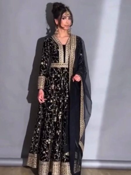 Black Color Heavy Velvet Embroidery Sequence Work Gown Pant With Dupatta  
