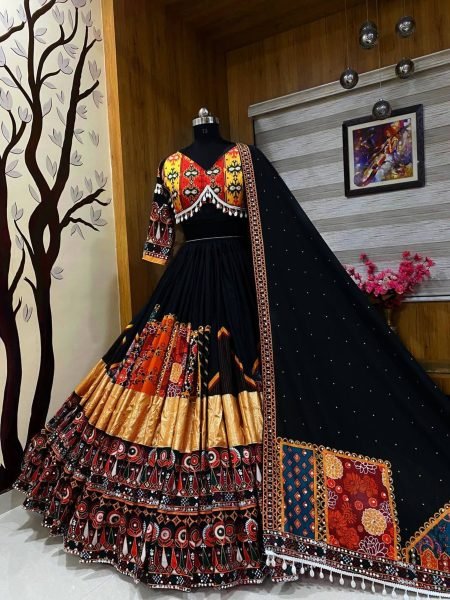 Black Color Navratri Special Heavy Muslin Lehenga Choli  Navratri Lehnega Choli