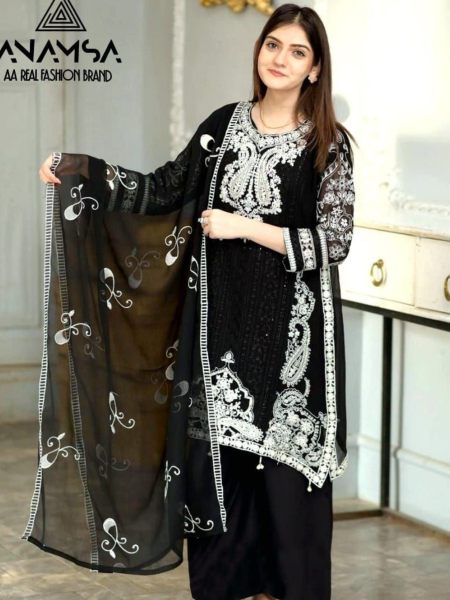 Black Color Pure Fox Georgette Embroidered Suits  