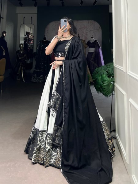 Black Color Rayon And Tussar Silk Navratri Lehenga Choli Navratri Lehnega Choli