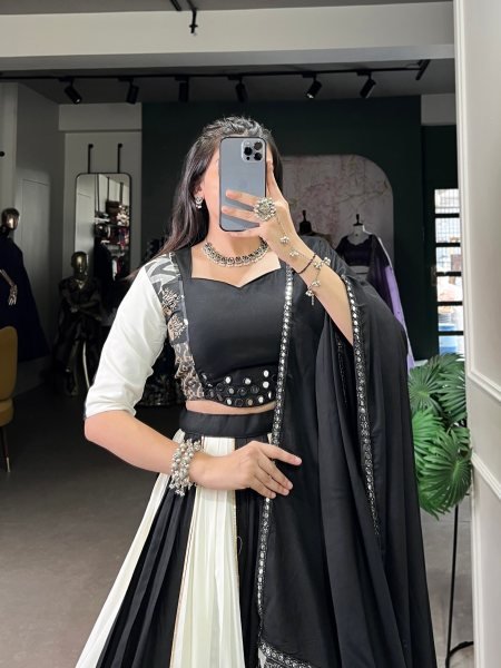 Black Color Rayon And Tussar Silk Navratri Lehenga Choli Navratri Lehnega Choli