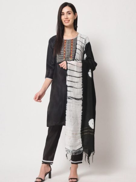 Black Color Silk Embroidered Work Kurti Pant With Dupatta  3 Piece Kurti Set