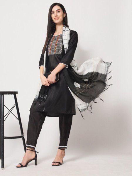 Black Color Silk Embroidered Work Kurti Pant With Dupatta  3 Piece Kurti Set