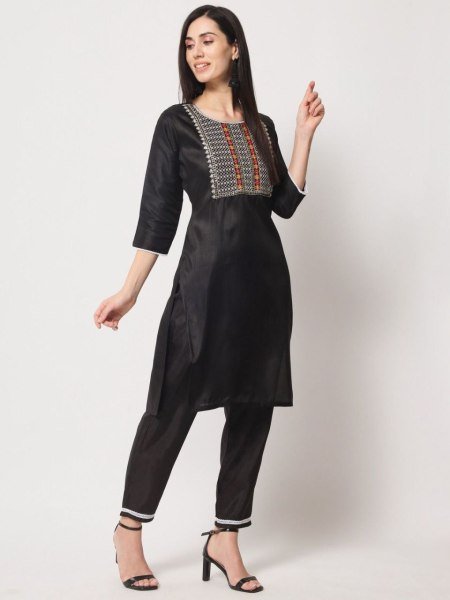 Black Color Silk Embroidered Work Kurti Pant With Dupatta  3 Piece Kurti Set