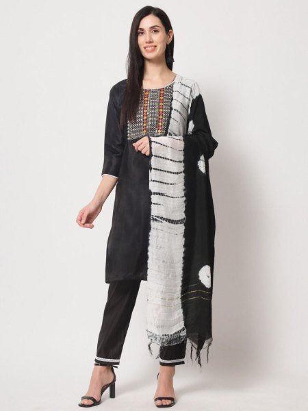 Black Color Silk Embroidered Work Kurti Pant With Dupatta  3 Piece Kurti Set