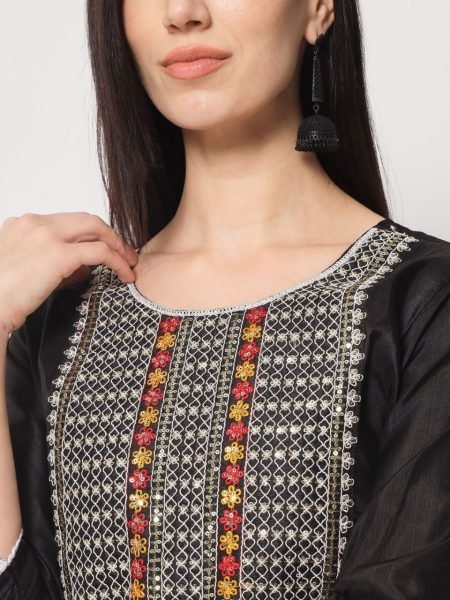 Black Color Silk Embroidered Work Kurti Pant With Dupatta  3 Piece Kurti Set