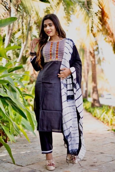 Black Color South Silk Kurti Pant With Dupatta 3 Piece Kurti Set