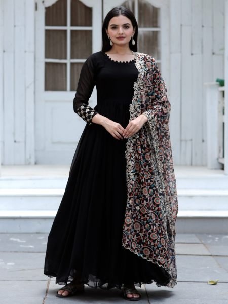 Black Colour Premium  Plain Georgette Readymade Gown With Kalamkari Printed dupatta 