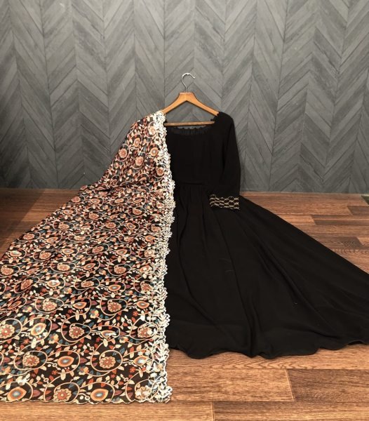 Black Colour Premium  Plain Georgette Readymade Gown With Kalamkari Printed dupatta  Anarkali Kurtis 