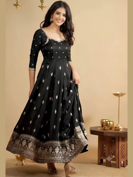 Black Cosmo Embroidered Top Pant Dupatta Set with Full Micro Cotton Inner For Festival 