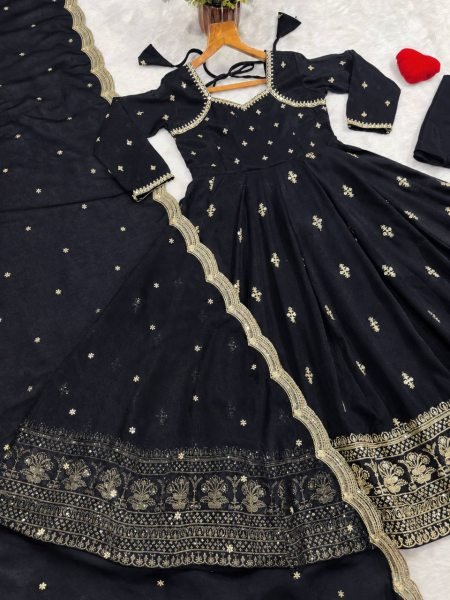 Black Cosmo Embroidered Top Pant Dupatta Set with Full Micro Cotton Inner For Festival Ready To Wear Collection
