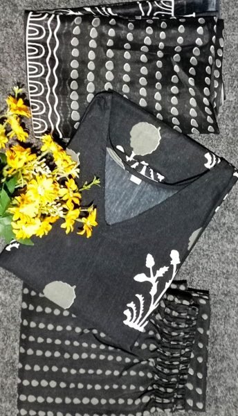 Black cotton kurta set with chanderi dupatta 3 Piece Kurti Set
