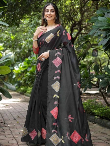 Black Cotton Printed Saree with Designer Blouse for Festive Wear Sarees 