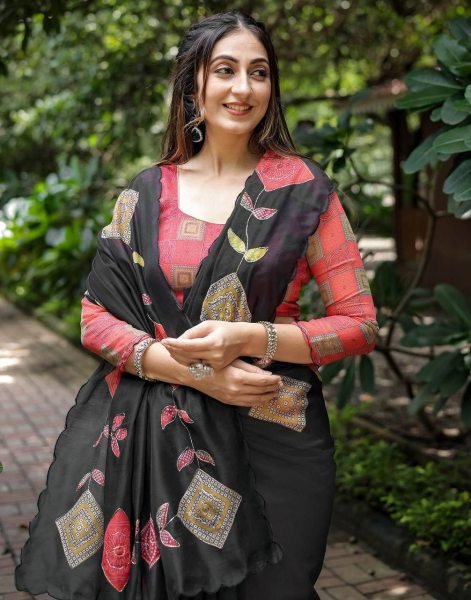 Black Cotton Printed Saree with Designer Blouse for Festive Wear Cotton Sarees Wholesale