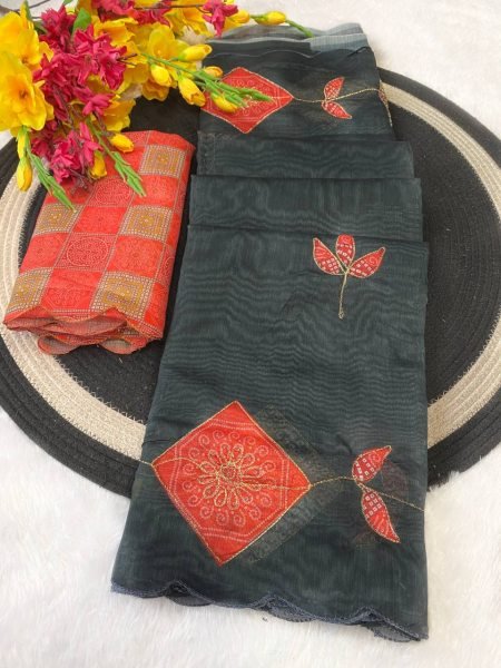 Black Cotton Printed Saree with Designer Blouse for Festive Wear Cotton Sarees Wholesale
