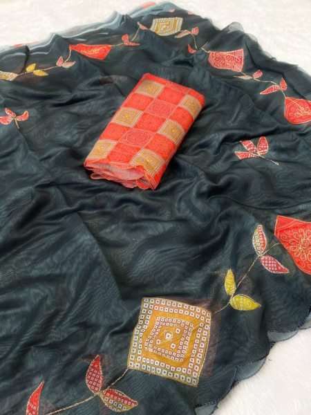 Black Cotton Printed Saree with Designer Blouse for Festive Wear Cotton Sarees Wholesale