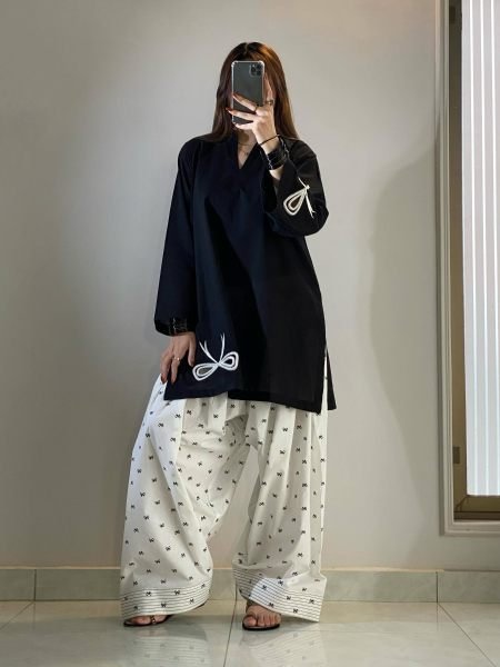 Black Designer Mul Chanderi Farsi Suit with Full Stitched Salwar for Festival Collection Ready To Wear Suit