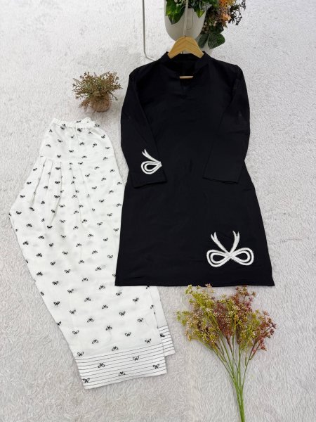 Black Designer Mul Chanderi Farsi Suit with Full Stitched Salwar for Festival Collection Ready To Wear Collection