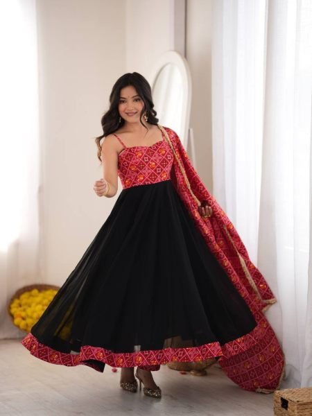 Black Designer Reyon Bandhani Gown with Matching Pant and Dupatta at Manufacturer  