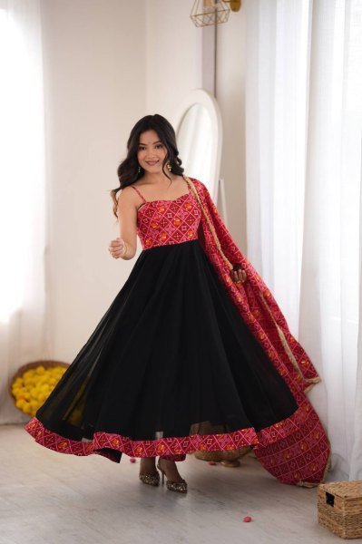 Black Designer Reyon Bandhani Gown with Matching Pant and Dupatta at Manufacturer  Ready To Wear Collection
