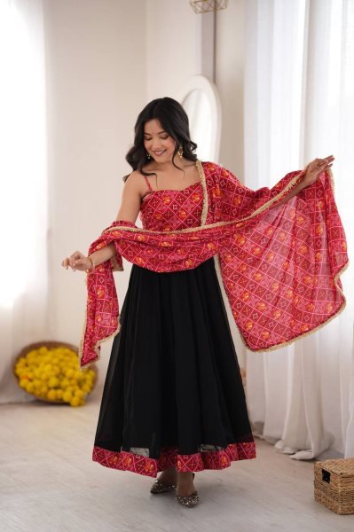 Black Designer Reyon Bandhani Gown with Matching Pant and Dupatta at Manufacturer  Ready To Wear Collection