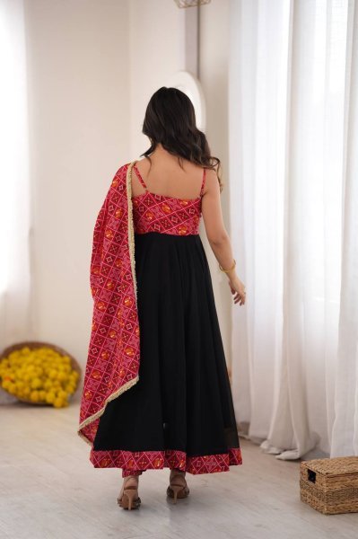 Black Designer Reyon Bandhani Gown with Matching Pant and Dupatta at Manufacturer  Ready To Wear Collection