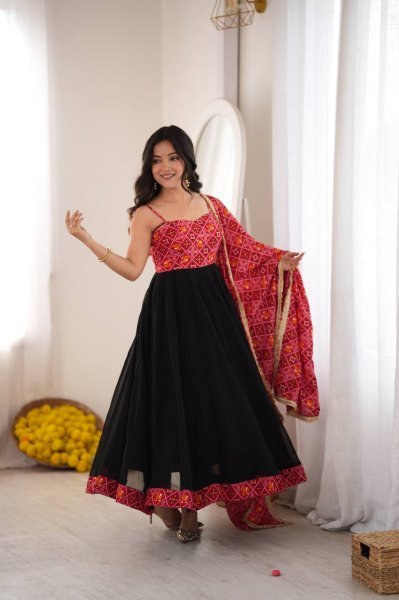 Black Designer Reyon Bandhani Gown with Matching Pant and Dupatta at Manufacturer  Ready To Wear Collection