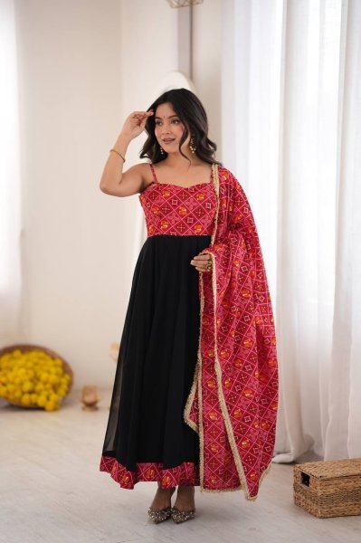 Black Designer Reyon Bandhani Gown with Matching Pant and Dupatta at Manufacturer  Ready To Wear Collection