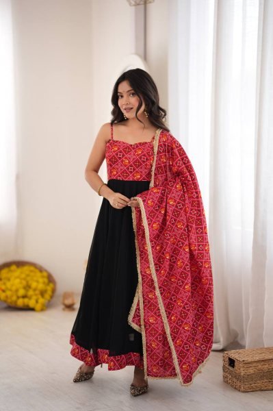 Black Designer Reyon Bandhani Gown with Matching Pant and Dupatta at Manufacturer  Ready To Wear Collection