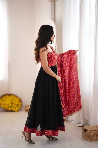 Black Designer Reyon Bandhani Gown with Matching Pant and Dupatta at Manufacturer  Ready To Wear Collection
