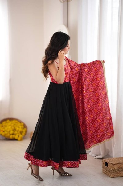 Black Designer Reyon Bandhani Gown with Matching Pant and Dupatta at Manufacturer  Ready To Wear Collection