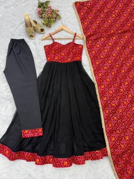 Black Designer Reyon Bandhani Gown with Matching Pant and Dupatta at Manufacturer  Ready To Wear Collection