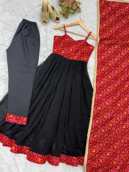 Black Designer Reyon Bandhani Gown with Matching Pant and Dupatta at Manufacturer  Ready To Wear Collection