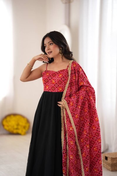Black Designer Reyon Bandhani Gown with Matching Pant and Dupatta at Manufacturer  Ready To Wear Collection