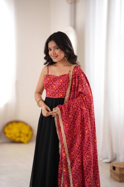 Black Designer Reyon Bandhani Gown with Matching Pant and Dupatta at Manufacturer  Ready To Wear Collection