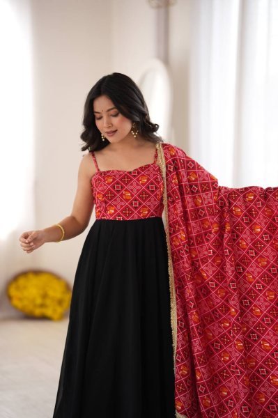 Black Designer Reyon Bandhani Gown with Matching Pant and Dupatta at Manufacturer  Ready To Wear Collection