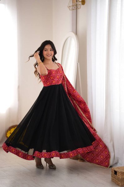 Black Designer Reyon Bandhani Gown with Matching Pant and Dupatta at Manufacturer  Ready To Wear Collection