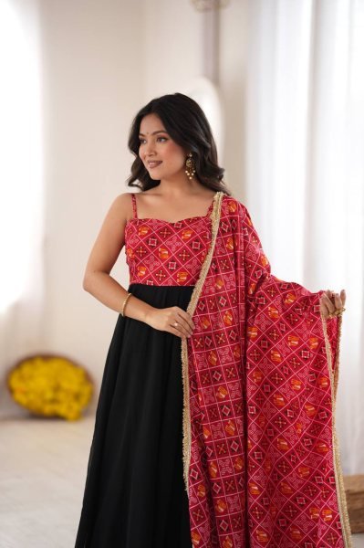 Black Designer Reyon Bandhani Gown with Matching Pant and Dupatta at Manufacturer  Ready To Wear Collection